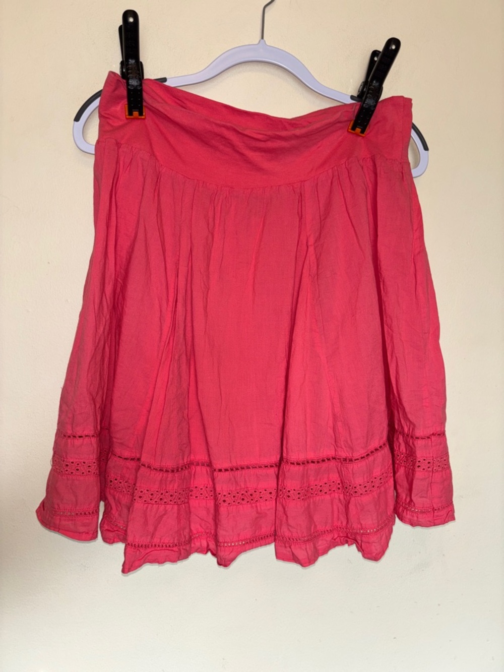 Bohemian Cafe Boho Mini Skirt Sz L Eyelet Lace Prairie Pink Lined Peasant Cotton